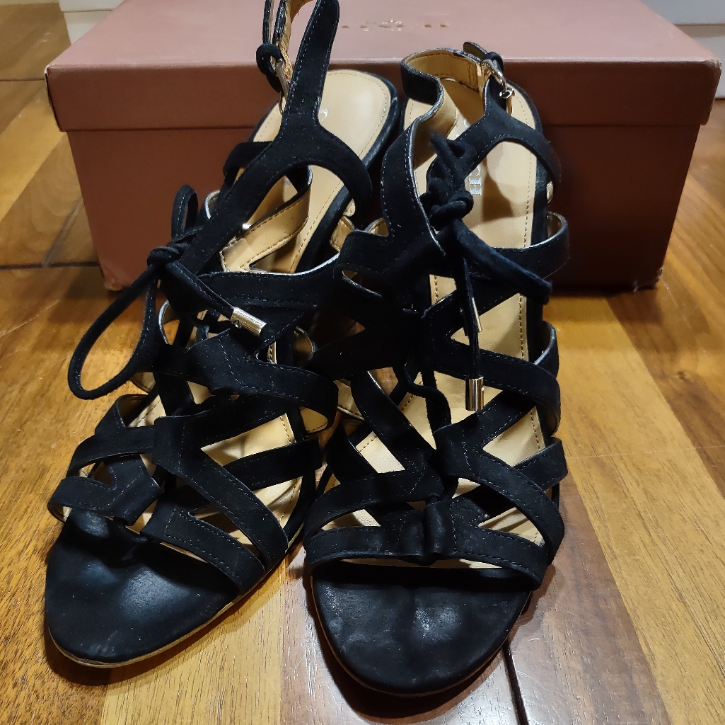 Coach Joy Black Suede Lace-Up Strappy Wedges Size 9 Excellent Condition